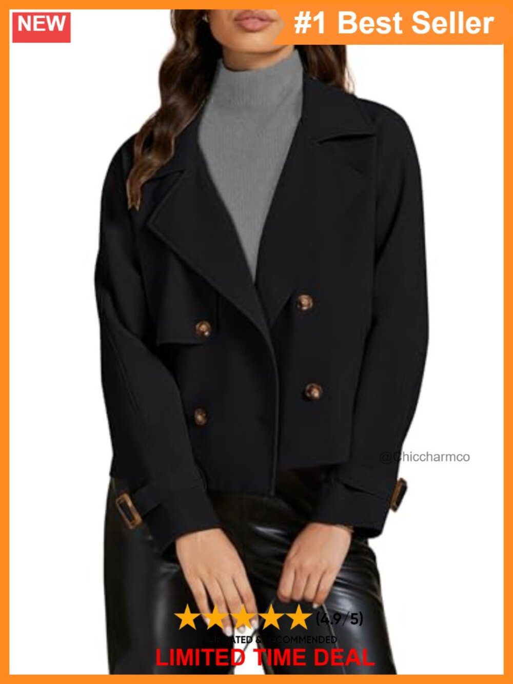Cropped Trench Coat Womens Double Breasted Notched Lapel Pockets